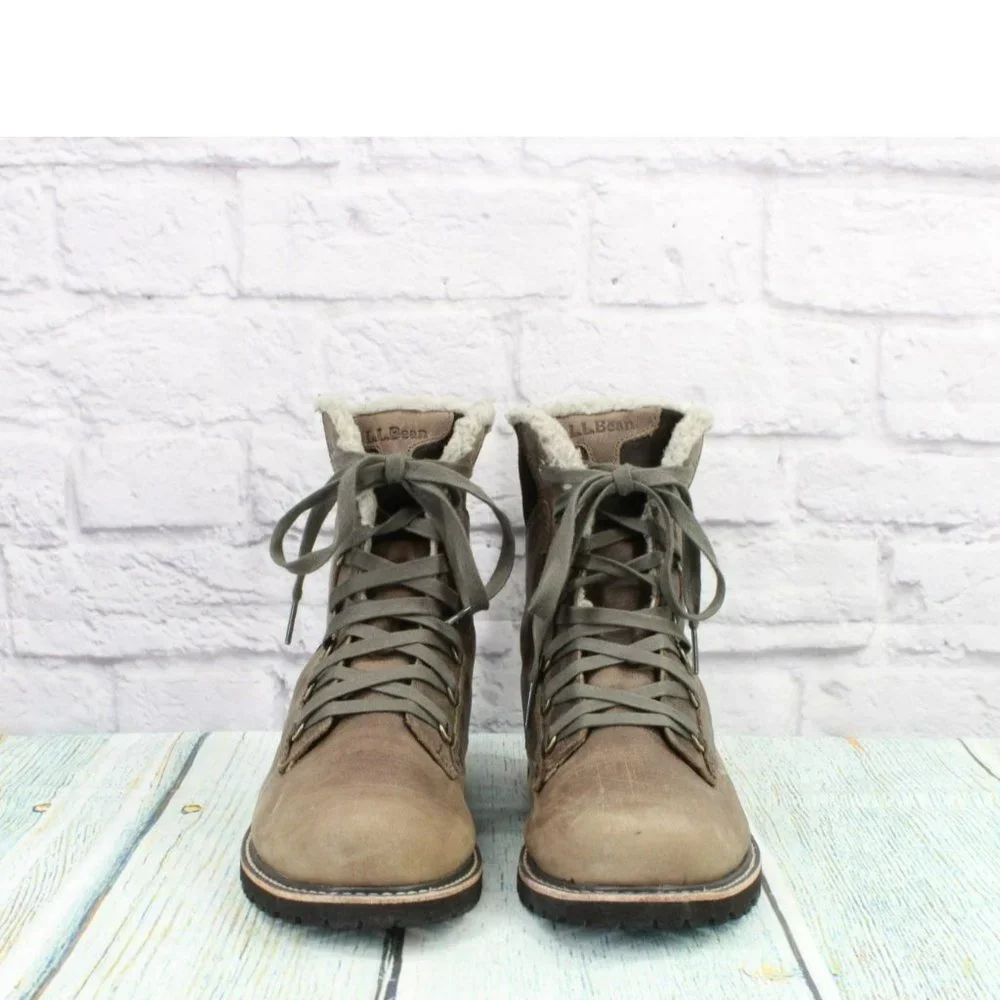 LL Bean Brown Leather Lace Up Rugged Fleece Lined Ankle Winter Boots Size 8.5 - Picture 4 of 9